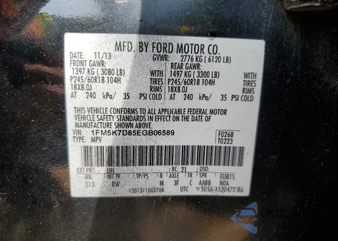 2014 Ford Explorer Xlt из США, поврежденный, VIN 1FM5K7D85EGB06589